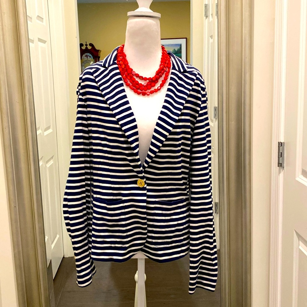 LRL Women's Knit Striped Blazer in Navy and White in Size M